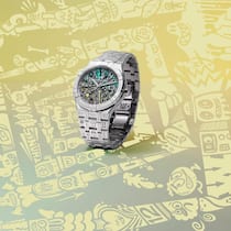 Das farbenfrohe Zifferblatt von Künstler Wott macht die Uhr zu einem auffälligen Accessoire.