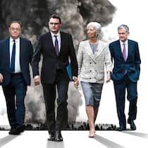 Notenbank-Lenker im Krisenmodus (v.l.): Haruhiko Kuroda (Japan), Andrew Bailey (Grossbritannien), Thomas Jordan (Schweiz), Christine Lagarde (Eurozone), Jerome Powell (USA).