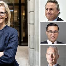 UBS-Karussell: Sabine Keller-Busse beerbt Axel Lehmann (u.) als Schweiz-Chefin, Iqbal Khan (M.) wird zusätzlich Chef der EMEA-Region – und Ralph Hamers verfolgen schlechte Nachrichten aus der Heimat.