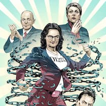 Kettensprengerin: Finma-Präsidentin Marlene Amstad (M.) mit dem applaudierenden Ex-Finanzminister Ueli Maurer (o.l.) und dessen staunender Nachfolgerin Karin Keller-Sutter.