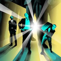 Übermächtig: Die Investment Consultants lassen die erfolgsverwöhnten Vermögensverwalter und Banker wie CS-CEO Tidjane Thiam, BlackRock-Chef Larry Fink und UBS-CEO Sergio Ermotti (v.l.) sehr klein aussehen.