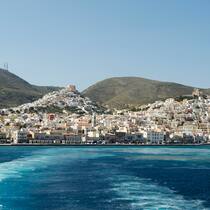 Boat cruising in Greece, Island Syros, in the central Aegean, part of Cyclades group of Islands.
