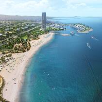 Wohnüberbauung «The Ellinikon» in Athen mit dem Riviera Tower und Yachthafen oben rechts (Visualisierung: Lamda Development).