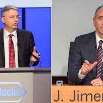 Severin Schwan und Joseph Jimenez: Pharmaaktien gaben zuletzt stark nach.  Keystone