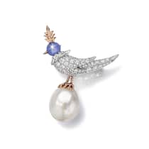 Keck: Brosche aus Platin und Roségold mit semi-barocker Perle, einem unbehandelten Sternsaphir und Diamanten.