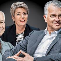 Kampf ums Eigenkapital: Jamie Dimon, Karin Keller-Sutter, Sergio Ermotti (von links).