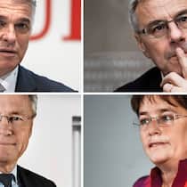 Mit Lohnkürzungen und Spenden geben sich CEOs solidarisch, etwa UBS-Chef Sergio Ermotti, Adecco-Chef Alain Dehaze (oben v.l.), ABB-Chef Björn Rosengren und Ems-Chefin Magdalena Martullo-Blocher.