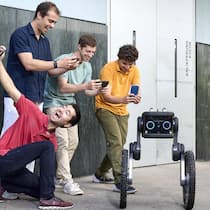 Alessandro Morra, Ciro Salzmann, Miguel de la Iglesia Valls (hinten von links) und Dominik Mannhart mit ihrem Roboter.
