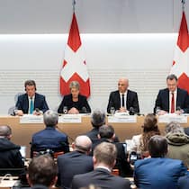 Medienkonferenz am 19. März 2023 in Bern anlässlich der Übernahme der Credit Suisse durch die UBS mit Vertretern von Banken, der Nationalbank und des Bundes.