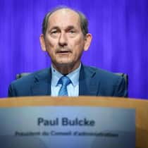 Nestle chairman Paul Bulcke speaks during a general shareholders meeting of Swiss food giant Nestle in Ecublens, near Lausanne, on April 16, 2025. (Photo by GABRIEL MONNET / AFP)