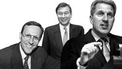 Junge Helden: Daniel Vasella - erfolgreicher Baumeister der Novartis-Fusion kurz vor dem Zusammenschluss 1996; Marcel Ospel - der Bankchef bei der Verkündung der Grossbankenfusion im Dezember 1997; Pierin Vincenz – baute aus einem losen Bankenverbund die drittgrösste Schweizer Bank, der Bankenchef im Jahr 2002 (v.l.).