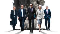 Notenbank-Lenker im Krisenmodus (v.l.): Haruhiko Kuroda (Japan), Andrew Bailey (Grossbritannien), Thomas Jordan (Schweiz), Christine Lagarde (Eurozone), Jerome Powell (USA).