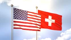 Flaggen der USA und der Schweiz wehen im Wind (2023).