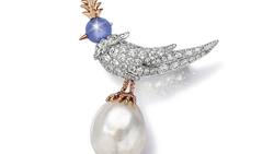 Keck: Brosche aus Platin und Roségold mit semi-barocker Perle, einem unbehandelten Sternsaphir und Diamanten.