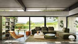 Auf einem handgeknüpften Teppich präsentieren sich ein modulares Sofa und formstarke Couchtische. Das Regal verbindet Wohnlichkeit und Durchsicht. www.zanotta.com