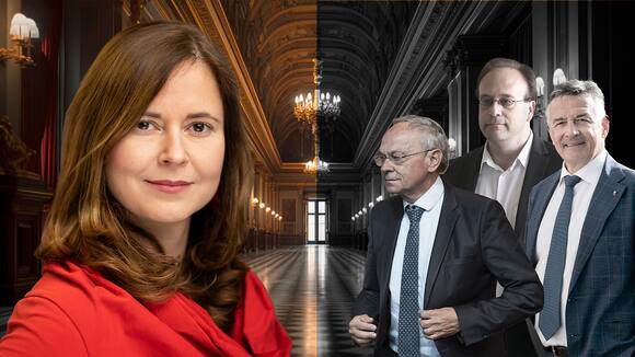 Weko-Präsidentin Laura Baudenbacher gegen die Ständeräte Olivier Francais, Hans Wicki und Henrique Schneider, stellvertretender Direktor des Gewerbeverband.s