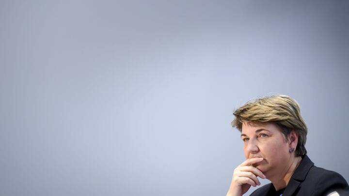 Swiss Federal councillor Viola Amherd briefs the media about the latest measures to fight the Covid-19 Coronavirus pandemic, in Bern, Switzerland, Monday, March 16, 2020.(KEYSTONE/Anthony Anex)