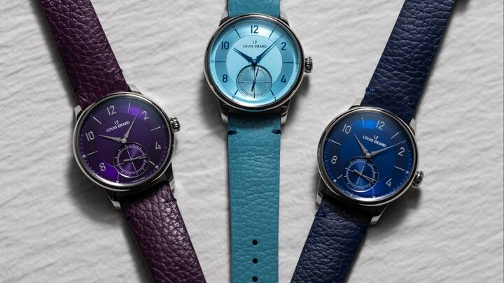 Violette, hellblaue und dunkelblaue Variante der Petite Seconde von Louis Erard.
