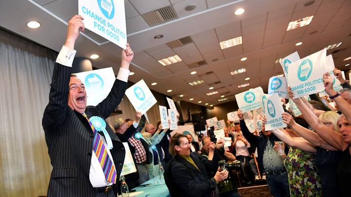 HUDDERSFIELD, ENGLAND - MAY 13: Nigel Farage speaks during a Brexit Party rally at the John Smith's Stadium on May 13, 2019 in Huddersfield, England. Nigel Farage, the former leader of the U.K. Independence Party, is campaigning for the Brexit Party's contest for this month's European Parliament elections, whose candidates include Annunziata Rees-Mogg. Despite voting to leave the European Union in 2016 Britain is braced to take part in the European Parliament election on May 23 
