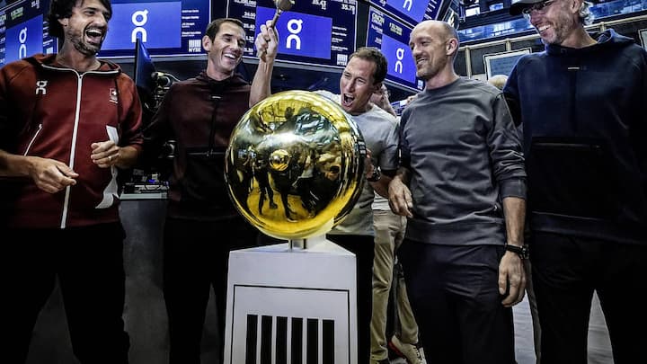 On executives ring a ceremonial first trade bell as their company's IPO begins trading on the floor of the New York Stock Exchange, Wednesday, Sept. 15, 2021. They are, from left: Caspar Coppetti, Martin Hoffmann, Marc Maurer, David Allemann, and Olivier Bernhard. (AP Photo/Richard Drew) David Allemann,Marc Maurer,Olivier Bernhard,Caspar Coppetti,Martin Hoffmann