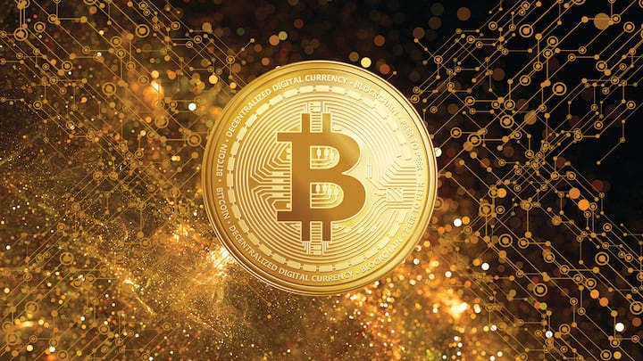 Bitcoin or btc cryptocurrency trading and investment concept gold shiny blockchain background Technological golden space 3d illustration concept of digital currency trading and virtual investment