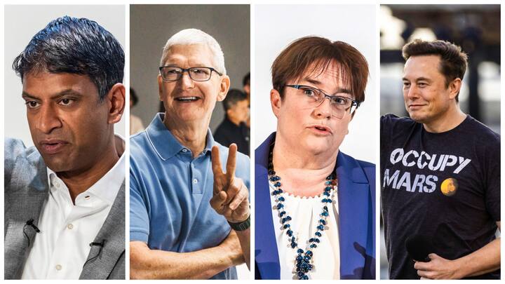 Vas Narasimhan, Tim Cook, Magdalena Martullo-Blocher und Elon Musk (von links nach rechts): Ganz unterschiedliche Charaktere zieren die Firmenlandschaft. Einige Führungsstile kommen aber aus der Mode.