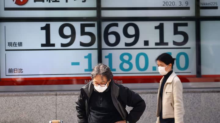People wearing protective face masks are seen in front of an electronic display showing the Nikkei index outside a brokerage in Tokyo, Japan, following an outbreak of the coronavirus disease (COVID-19), March 9, 2020. REUTERS/Edgard Garrido - RC24GF9C3SXG