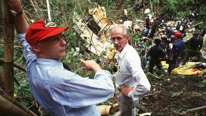 KANCHANABURI, THAILAND - 1991/05/01: Nicki Lauda visits the crash site where one of the planes from Lauda Air crashed in the jungles of western Thailand with no survivors.. (Photo by Peter Charlesworth/LightRocket via Getty Images)