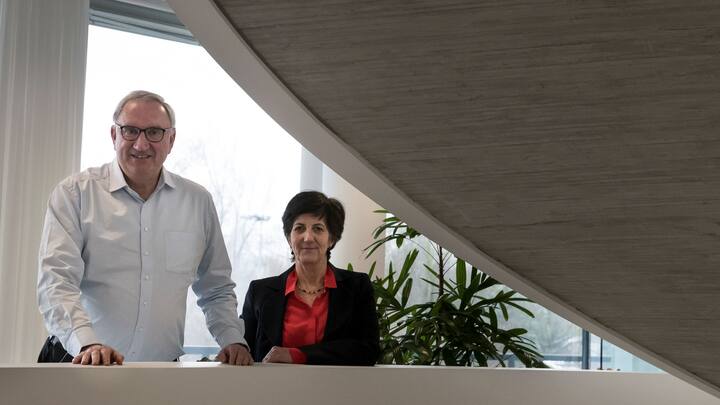 Idorsia pharmaceutical Chief Executive Officer (CEO) Jean-Paul Clozel (L) and Martine Clozel (R), Chief Scientific Officer (CSO) and Executive vice-president, pose at the Idorsia pharmaceutical headquarters in Allschwil, Switzerland on January 10, 2019. (Photo by SEBASTIEN BOZON / AFP)        (Photo credit should read SEBASTIEN BOZON/AFP/Getty Images)