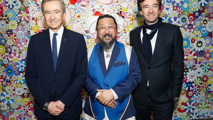 PARIS, FRANCE - APRIL 09:  (L-R) Owner of LVMH Luxury Group and President of the Louis Vuitton Foundation, Bernard Arnault, Japanese Artist Takashi Murakami and General manager of Berluti Antoine Arnault attend "Au Diapason Du Monde" Exhibition at Fondation Louis Vuitton on April 9, 2018 in Paris, France.  (Photo by Julien M. Hekimian/Getty Images)
