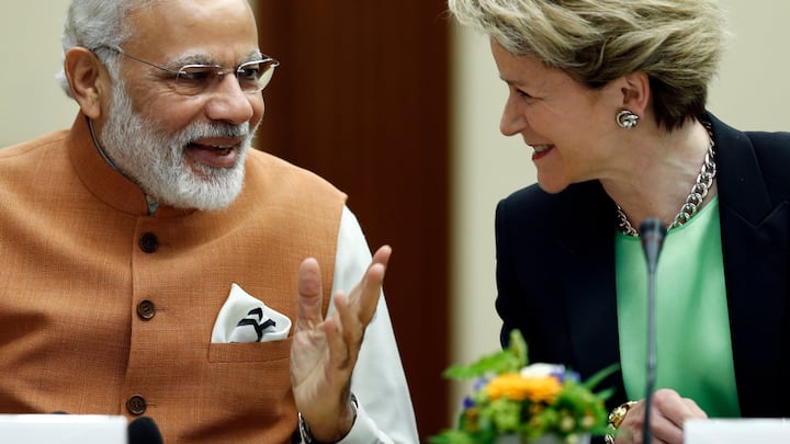 Indian Prime Minister Narendra Modi talks to Swiss State Secretary at the Secretariat for Economic Affairs (SECO) Marie-Gabrielle Ineichen-Fleisch in Geneva, Switzerland June 6, 2016. REUTERS/Denis Balibouse - LR1EC660N2UD7