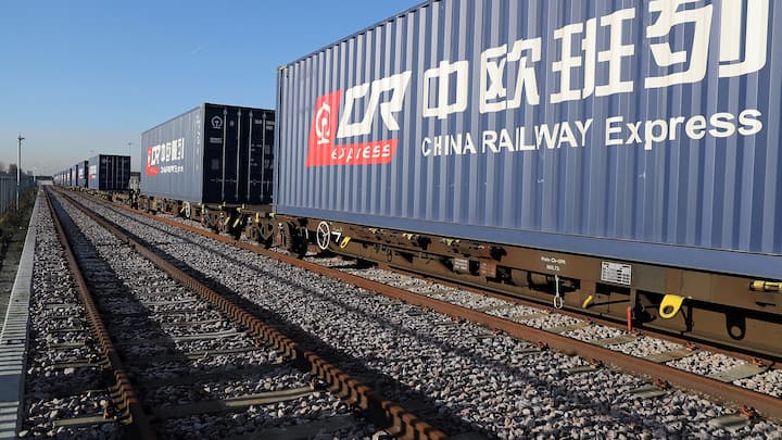 BARKING, ENGLAND - JANUARY 18: Carriages that started their Journey in Yiwu in China roll into Barking rail freight terminal on January 18, 2017 in Barking, England.