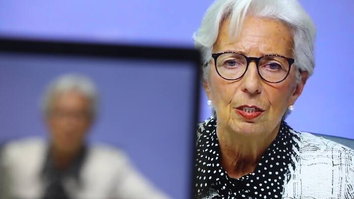 Christine Lagarde, president of the European Central Bank (ECB), speaks during a live stream video of the central bank's virtual rate decision news conference in Frankfurt, Germany, on a television screen arranged in Danbury, U.K., on Thursday, Oct. 29, 2020. Lagarde said there is little doubt that policy makers will agree on a new package of monetary stimulus in December as coronavirus infections and renewed lockdowns threaten a double-dip recession. Photographer: Chris Ratcliffe/Bloomberg