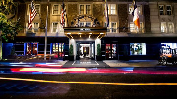 A street view of the atrium entrance of The Mark Hotel, NYC