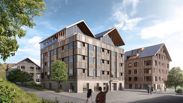 Die «Lifestyle-Wellness-Community» soll mit Hotels, bediente Luxus-Suiten und Eigentums­wohnungen beinhalten (Bild: Visualisierung).