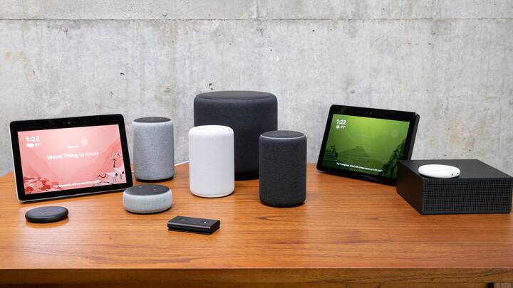SEATTLE, WA - SEPTEMBER 20: An assortment of newly launched devices, including, an "Echo Input," "Echo Show, "Echo Plus," "Echo Sub," "Echo Auto" and "Firetv Recast" are pictured at Amazon Headquarters, follownig a launch event, on September 20, 2018 in Seattle Washington. Amazon launched more than 70 Alexa-enable products during the event. (Photo by Stephen Brashear/Getty Images)