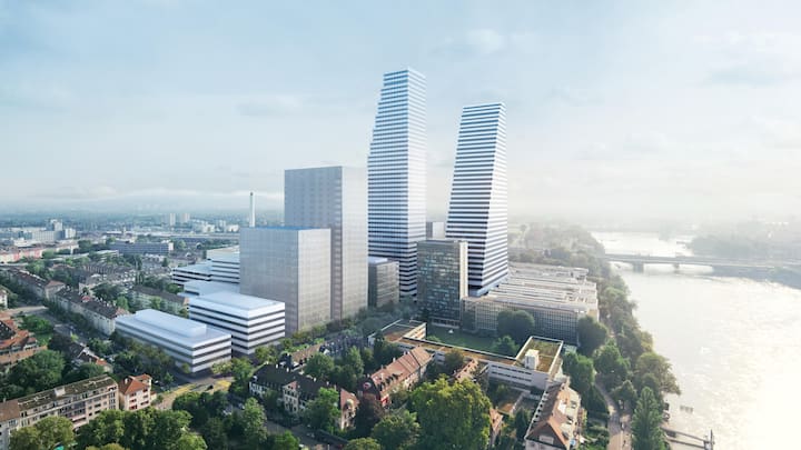 Konzern­zentrale in Basel mit den beiden Türmen, gestaltet von den Star­architekten Herzog & de Meuron.