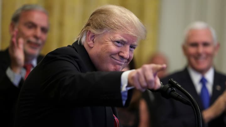 WASHINGTON, DC - DECEMBER 6: (AFP-OUT) President Donald Trump reacts as he speaks during a Hanukkah reception in the East Room of the White House on December 6, 2018 in Washington, DC. (Photo by Oliver Contreras-Pool/Getty Images)