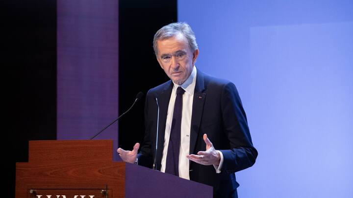 Bernard Arnault, billionaire and chief executive officer of LVMH Moet Hennessy Louis Vuitton SE, speaks as the luxury brand announces full year earnings in Paris, France, on Tuesday, Jan. 28, 2020. LVMH's sales growth slowed in the fourth quarter as protests in Hong Kong dented Chinese demand for the luxury giant's products at the end of a strong year. Photographer: Christophe Morin/Bloomberg