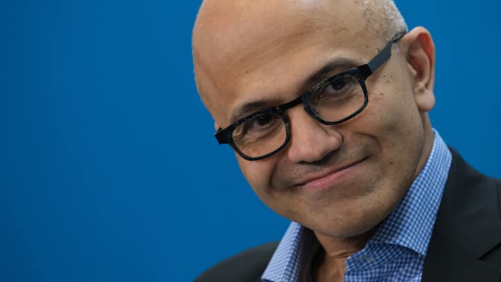 BERLIN, GERMANY - FEBRUARY 27: Satya Nadella, CEO of Microsoft, speaks with Herbert Diess, CEO of Volkswagen AG, (not pictured) at a "fireside chat" to the media about a joint project between the two companies called the Volkswagen Automotive Cloud on February 27, 2019 in Berlin, Germany. Microsoft is working with several automakers to advance the carmakers' digitalization.  (Photo by Sean Gallup/Getty Images)