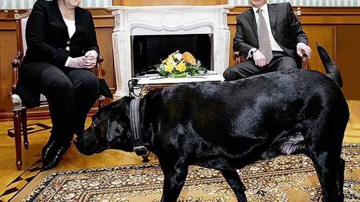 Russian President Vladimir Putin (R) and German Chancellor Angela Merkel are watched by Putin's dog Koni as they address journalists after their working meeting at the Bocharov Ruchei residence in Sochi, 21 January 2007. German Chancellor Angela Merkel arrived here for talks with President Vladimir Putin expected to focus on securing guarantees for energy supplies to the European Union, a Kremlin official said. AFP PHOTO / PRESIDENTIAL PRESS SERVICE / ITAR-TASS (Photo by DMITRY ASTAKHOV / ITAR-TASS / AFP)