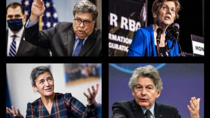 Zusammenstellung der Gegenspieler der grossen Tech-Unternehmen: Im Bild sind William Barr, Elizabeth Warren, Margethe Vestager und Thierry Breton.