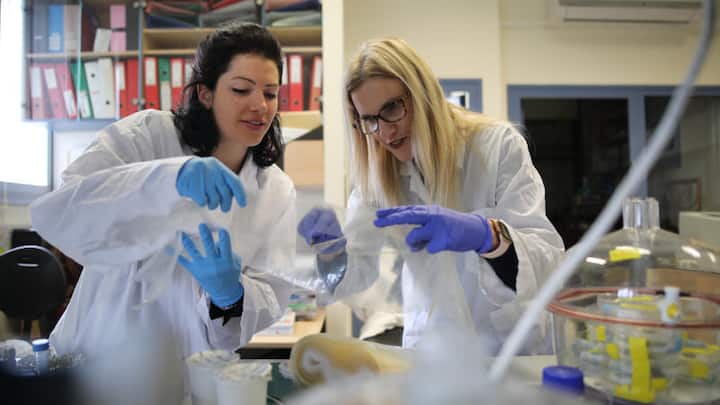 Professor Ester Segal (right) und student Lia Baumann (left) cut out a piece of film for the NanoPack project, in a laboratory in the Faculty of Biotechnology and Food Engineering at the Technion in Haifa, March 03, 2019.