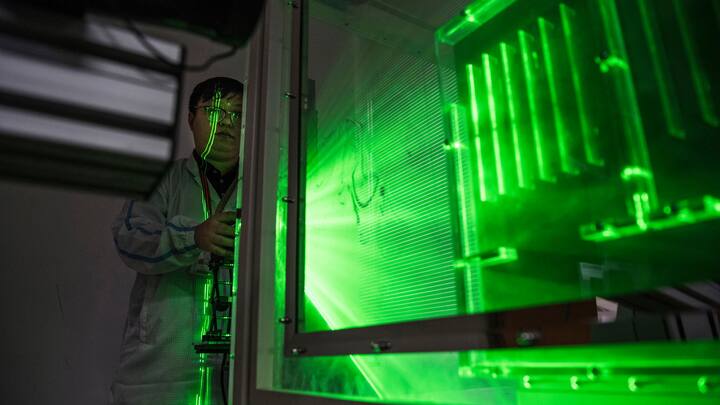 A Huawei thermal engineer performs a heat test in the research and development area of the Bantian campus on April 12, 2019 in Shenzhen, China.