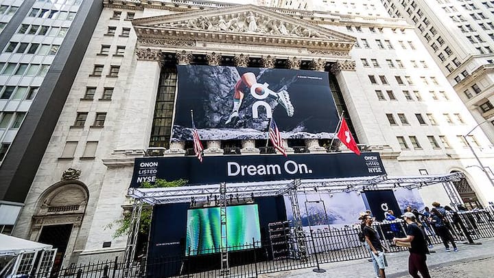 The facade of the New York Stock Exchange is decorated for the initial public offering of On Holdings, the sneaker manufacturer, on Wednesday, September 15, 2021. Roger Federer is reported to be an investor in the company. (Â© Richard B. Levine)