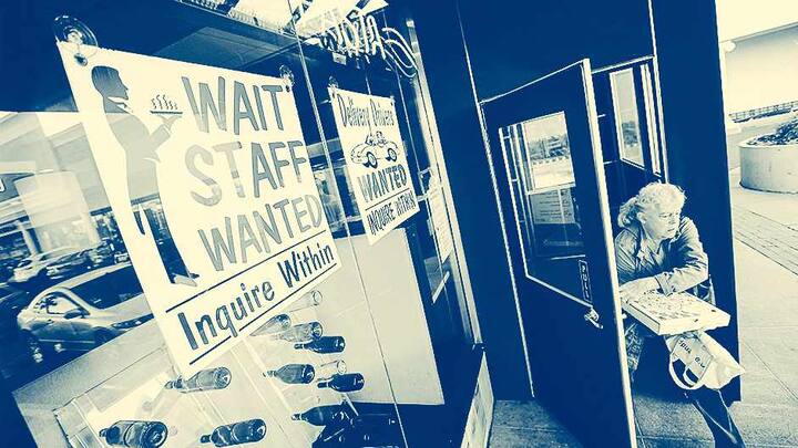North Babylon, N.Y.: A sign outside a restaurant on Deer Park Avenue in North Babylon, New York shows openings for all positions on November 12, 2021. (Photo by John Paraskevas/Newsday RM via Getty Images)