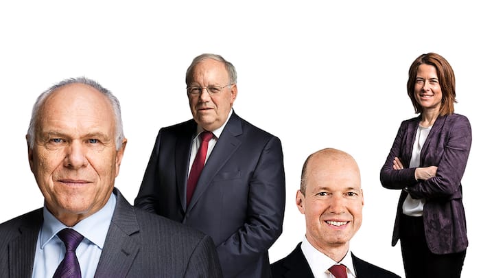 Bundesrat und Mercosur-Freihandelspromotor Johann Schneider-Ammann, FDP-Chefin Petra Gössi (oben, v.l.), Swissmem-Präsident Hans Hess und Jacques Sanche, Konzernchef von Bucher Industries (unten, v.l.).