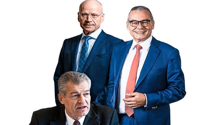  Die Präsidenten von Economiesuisse und Swiss Holdings, Heinz Karrer (vorne) und Karl Hofstetter, sowie der Unternehmer Ruedi Noser (r.) 