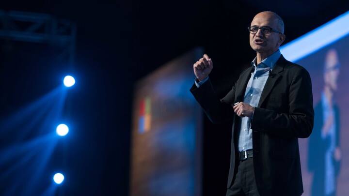 MUMBAI, INDIA - FEBRUARY 19: Microsoft CEO Satya Nadella delivers his keynotes at the companyâs flagship technology and business conference -- Future Decoded 2017 at JW Marriott, on February 19, 2017 in Mumbai, India. The two-day event is claimed to bring together 1,500 business and government decision makers to engage in conversations on how technology can empower people and organisations. (Photo by Satish Bate/Hindustan Times via Getty Images)