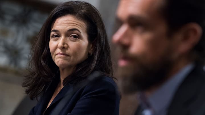 UNITED STATES - SEPTEMBER 05: Twitter CEO Jack Dorsey and Facebook COO Sheryl Sandberg, attend a Senate (Select) Intelligence Committee hearing in Dirksen Building where they testified on the influence of foreign operations on social media on September 5, 2018. (Photo By Tom Williams/CQ Roll Call)